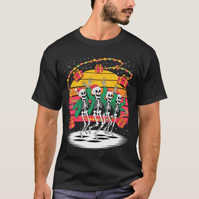 T-shirt Dancing Skeletons With Santa Hats Christmas Lights (Devant)