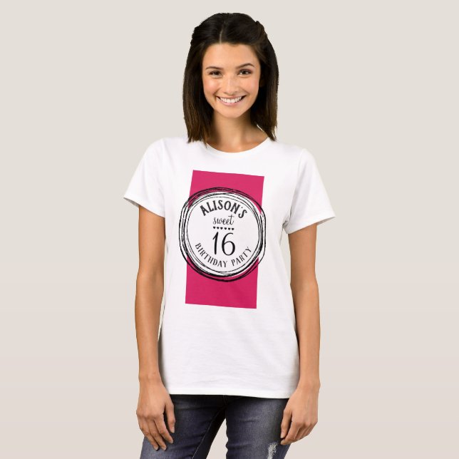 T-shirt d'anniversaire fuchsia sweet sixteen rose  (Devant entier)
