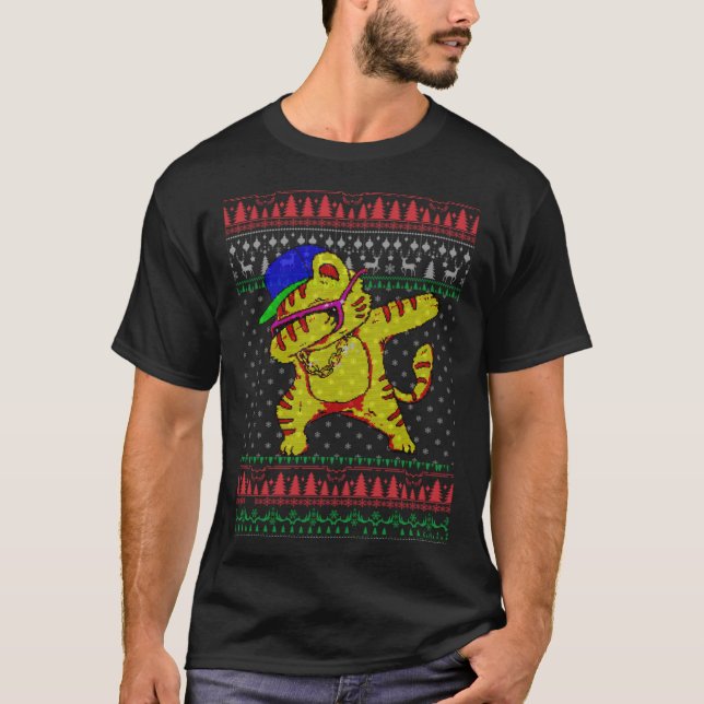 T-shirt Danse Dabbing chat pull de Noël moche (Devant)