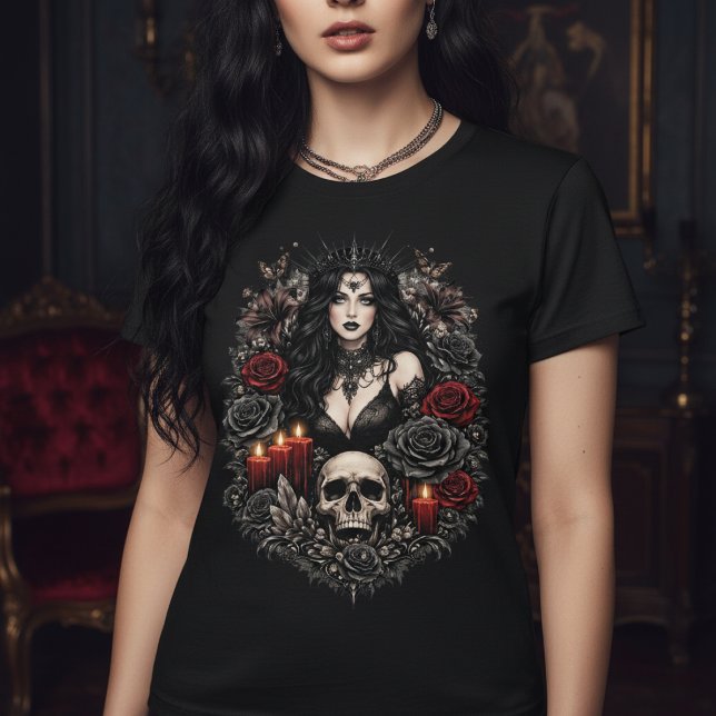 T-shirt Dark Gothic Queen With Skull and Candles (Dark Gothic Queen With Skull and Candles T-Shirt by Ricaso - dark & divine series. Goth style tee
)