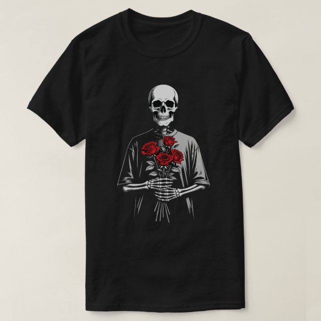 T-shirt Dark Skeleton with Red Roses Bouquet Gothic Aesthe (Design devant)