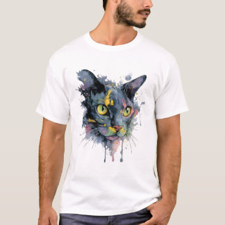 T-shirt Dark Watercolor Cat Face Neon Eyes Art