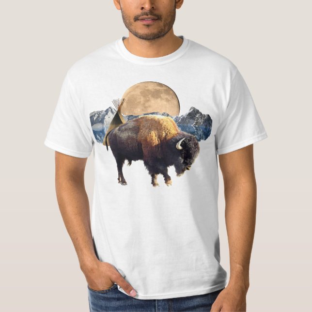 T-shirt d'art faunique Buffalo, Moon & TeePee (Devant)