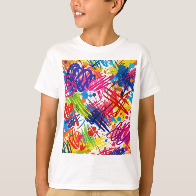 T-shirt d'art gribouillé abstrait coloré (Devant)