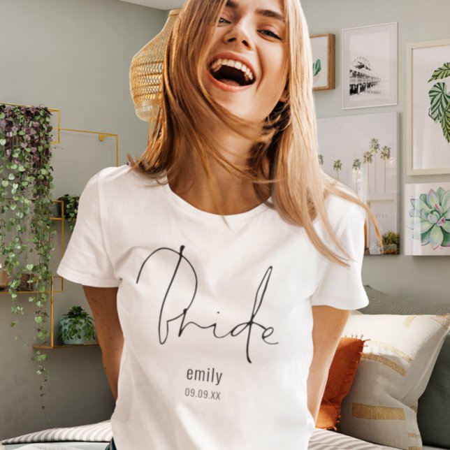 T-shirt Date Mariage du nom de script de mariée minimalist (Créateur téléchargé)