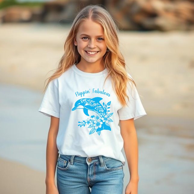 T-shirt Dauphin hawaïen Flippin' Fabial bleu clair (Dolphin Hawaiian Tropical Flowers, Flippin Fabulous, Summer Beach Fisherman Trend Fashion, kids)