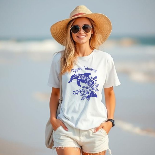 T-shirt Dauphin hawaïen Flippin' Fabial Blue (Dolphin-Hawaiian-Tropical Flowers-Flippin Fabulous-Trending Fisherman Style Fashion- blue womans t s)