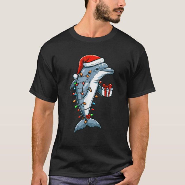 T-shirt Dauphin Portant Le Chapeau Du Père Noël Tenant Une (Devant)