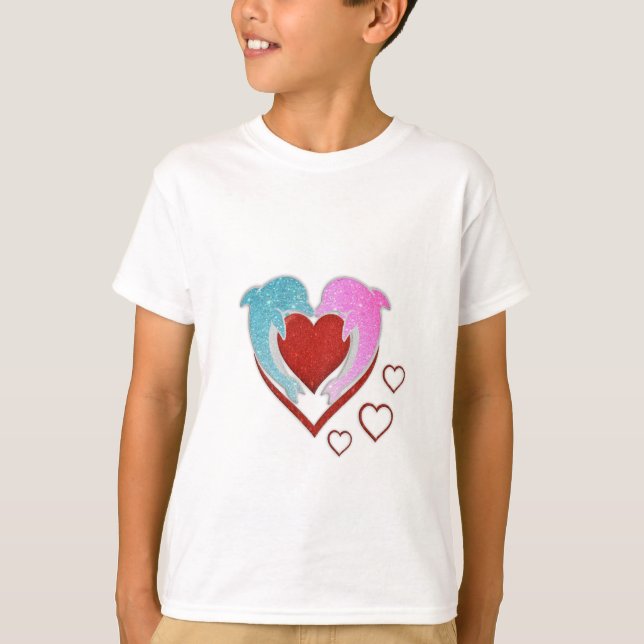 T-shirt Dauphins bleu rose mignons tenant un coeur rouge (Devant)