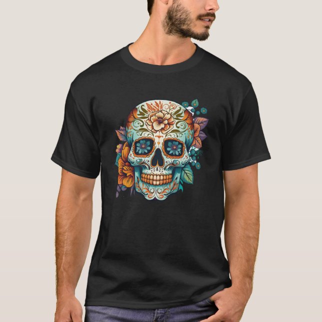 T-shirt Day Of Dead Sugar Skull Floral Skeleton Head Bone  (Devant)