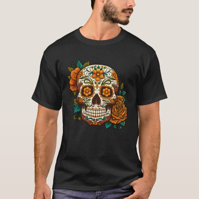 T-shirt Day Of Dead Sugar Skull Floral Skeleton Head Bone  (Devant)