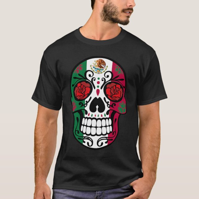 T-shirt Day Of The Dead Sugar Skull Halloween Mexican Flag (Devant)