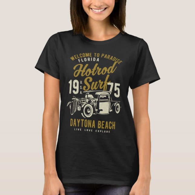 T-shirt Daytona Beach Florida Retro Hotrod Surf Distressed (Devant)