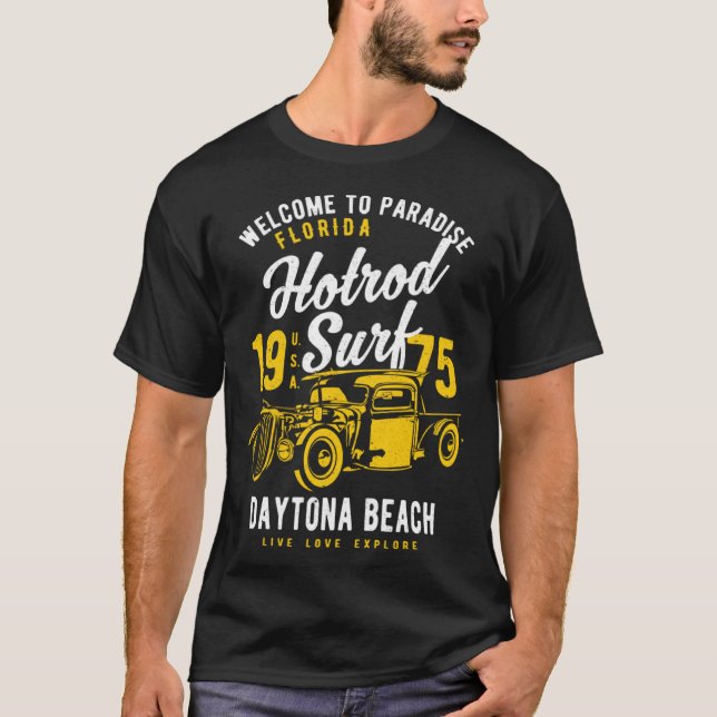T-shirt Daytona Beach Florida Retro Hotrod Surf Distressed (Devant)