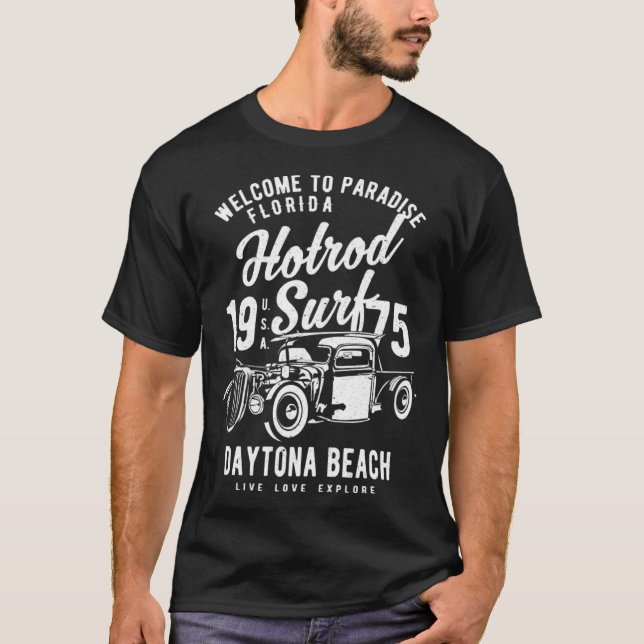 T-shirt Daytona Beach Florida Retro Hotrod Surf Distressed (Devant)