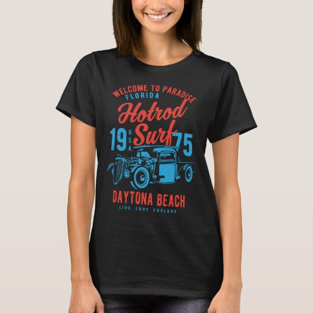 T-shirt Daytona Beach Florida Retro Hotrod Surf Distressed (Devant)