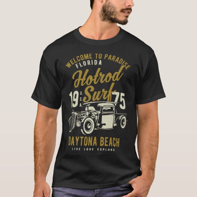 T-shirt Daytona Beach Florida Retro Hotrod Surf Distressed (Devant)
