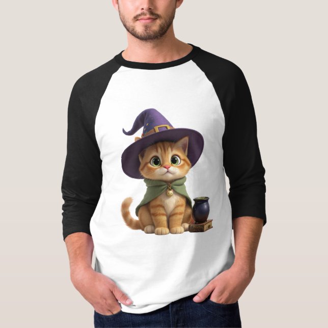 T-shirt de baseball raglan Halloween Chat Sorcière (Devant)