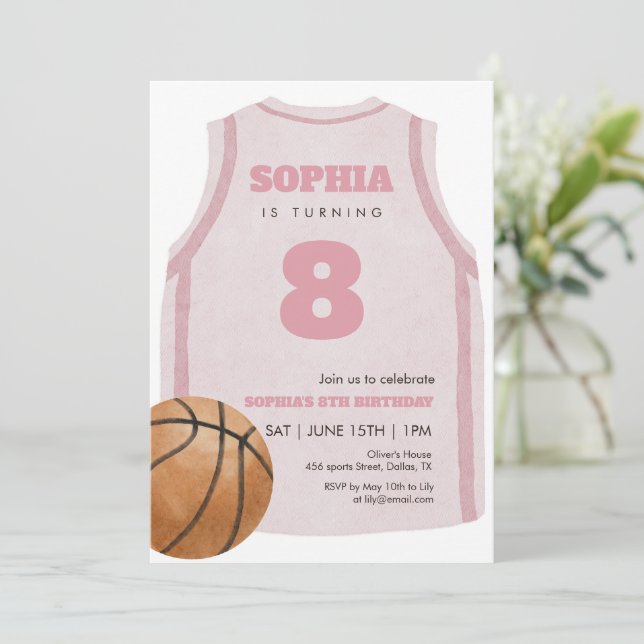 T-shirt de basketball rose invitation anniversaire (Debout devant)