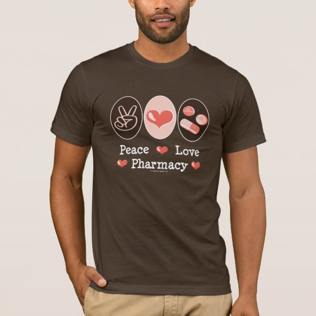 T-shirt de brun de pharmacie d'amour de paix (Devant)
