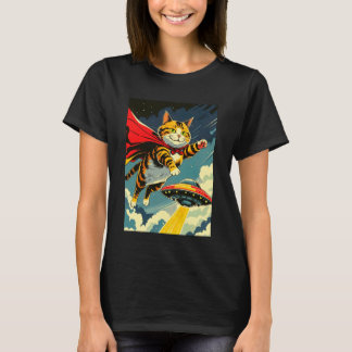 T-shirt de chat volant avec un OVNI, joli chat cap