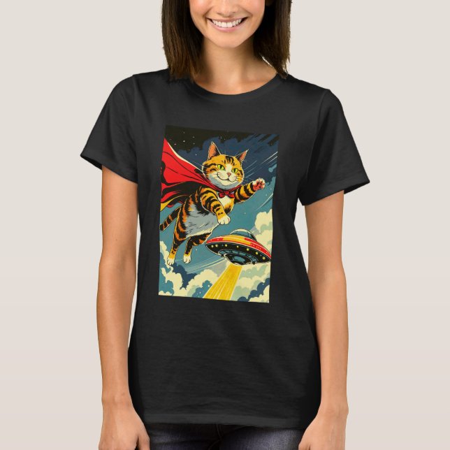 T-shirt de chat volant avec un OVNI, joli chat cap (Devant)