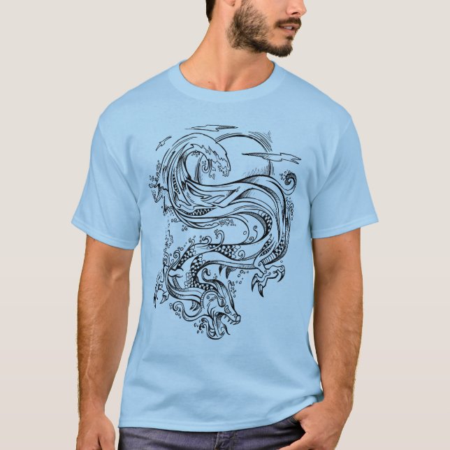 T-shirt de dragon d'eau de griffonnage de croquis (Devant)