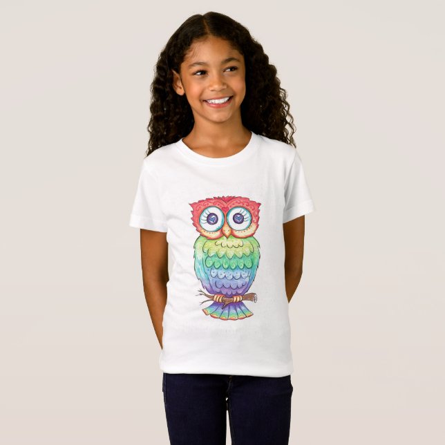T-shirt de hibou d'arc-en-ciel de filles (Devant entier)