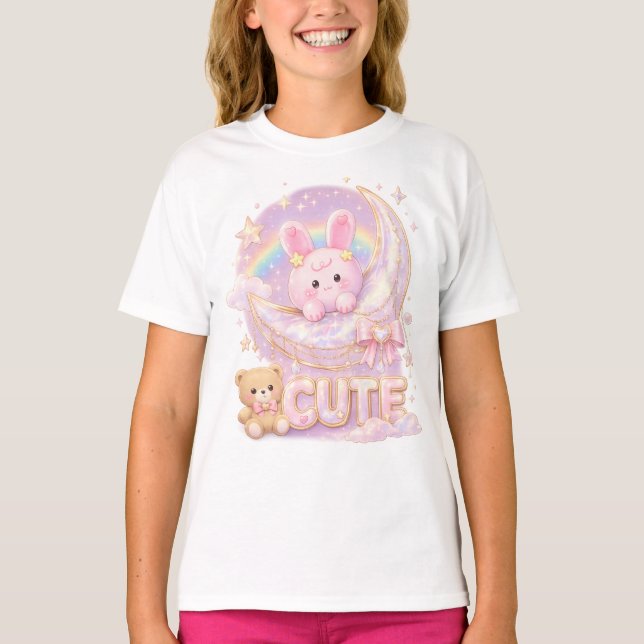 T-shirt de la lune de lapin mignon Kawaii ⭐ (Devant)