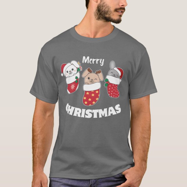 T-shirt De Mignons lapins Dans Les Bas De Noël Pour Noël (Devant)