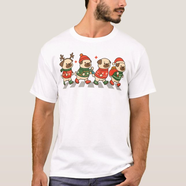 T-shirt De mignons pug de Noël traversant la rue en pulls  (Devant)