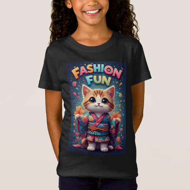 T-Shirt de Mode Chat Kimono Floral Cadeau Mignon (Devant)