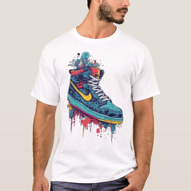 T-Shirt de mode urbaine avec graffiti de baskets e (Devant)