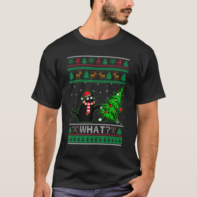 T-shirt de Noël moche de chat noir arbre sur chat  (Devant)
