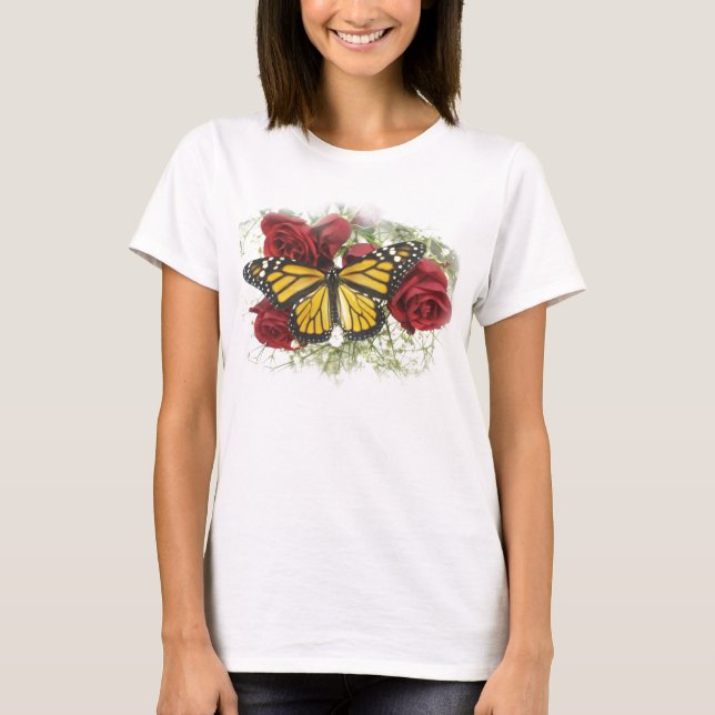 T-shirt de rose rouge de papillon de monarque (Devant)