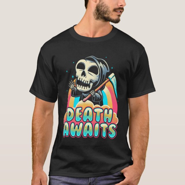 T-shirt Death Awaits Grim Reaper Scythe Rainbow (Devant)