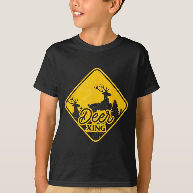 T-shirt Deer Crossing Sign Christmas Xing Reindeer Funny M (Devant)