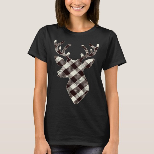 T-shirt Deer Head  Retro White Buffalo Plaid Christmas (Devant)