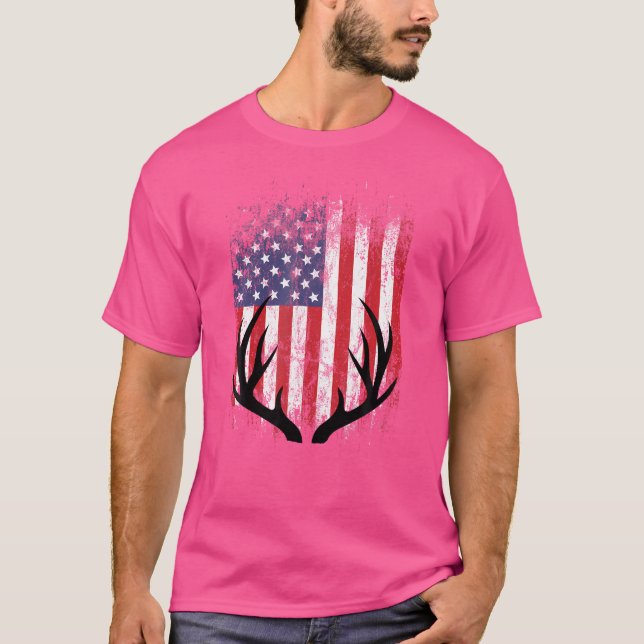 T-shirt Deer Hunting American Flag Whitetail Buck Antlers (Devant)