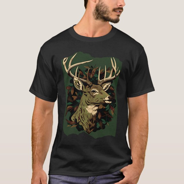 T-shirt Deer Hunting Green Brown Camo Camouflage Artwork (Devant)