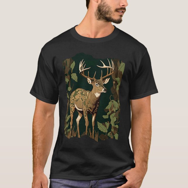 T-shirt Deer Hunting Green Brown Camo Camouflage Artwork   (Devant)