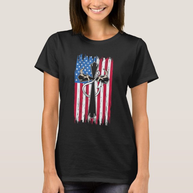 T-shirt Deer Hunting Hunter  Us Flag Deer Hunting & Fishin (Devant)
