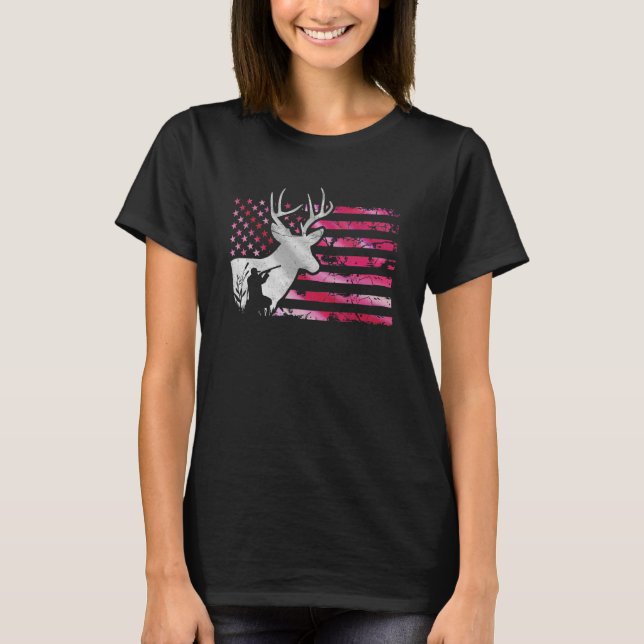 T-shirt Deer Hunting Pink Camouflage Flag Distressed Pink  (Devant)