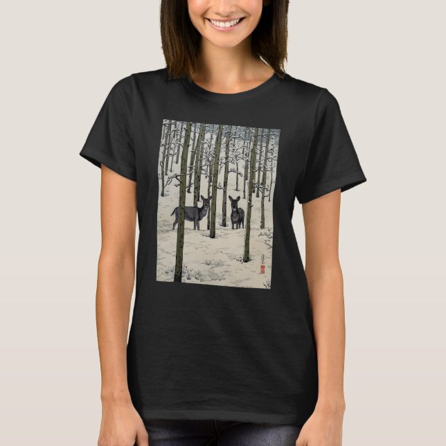 T-shirt Deer Nara Forest Snow Winter Aspen Japanese Ukiyo  (Devant)