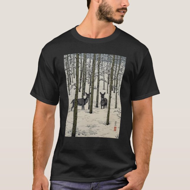 T-shirt Deer Nara Forest Snow Winter Aspen Japanese Ukiyo  (Devant)