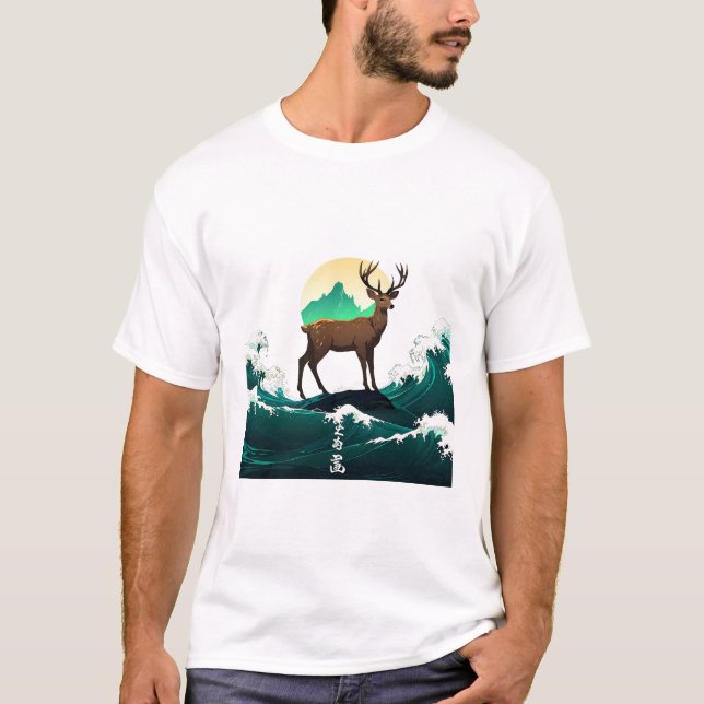 T-shirt Deer Wave Art - Ukiyo-e Moonlight Design (Devant)