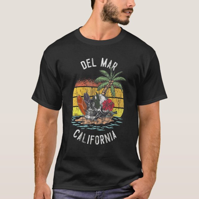 T-shirt Del Mar Beach California Palms Skull Surf Sunset V (Devant)