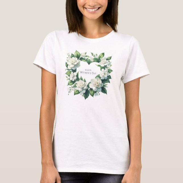T-shirt Délicat blanc gardenia coeur couronne Fête des Mèr (Devant)