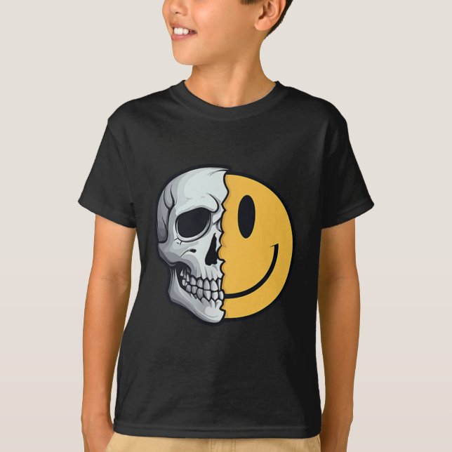 T-shirt Demi-crâne sourire visage Rave squelette les année (Devant)