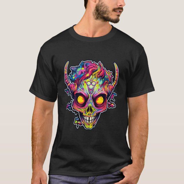 T-shirt démon de crâne de néon déplaisant (Devant)